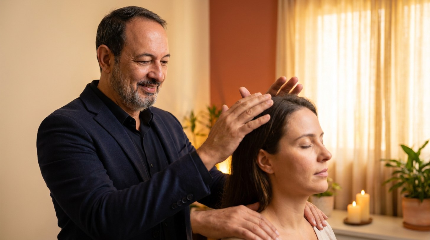 Terapeuta aplicando terapia energética para alívio de ansiedade e estresse