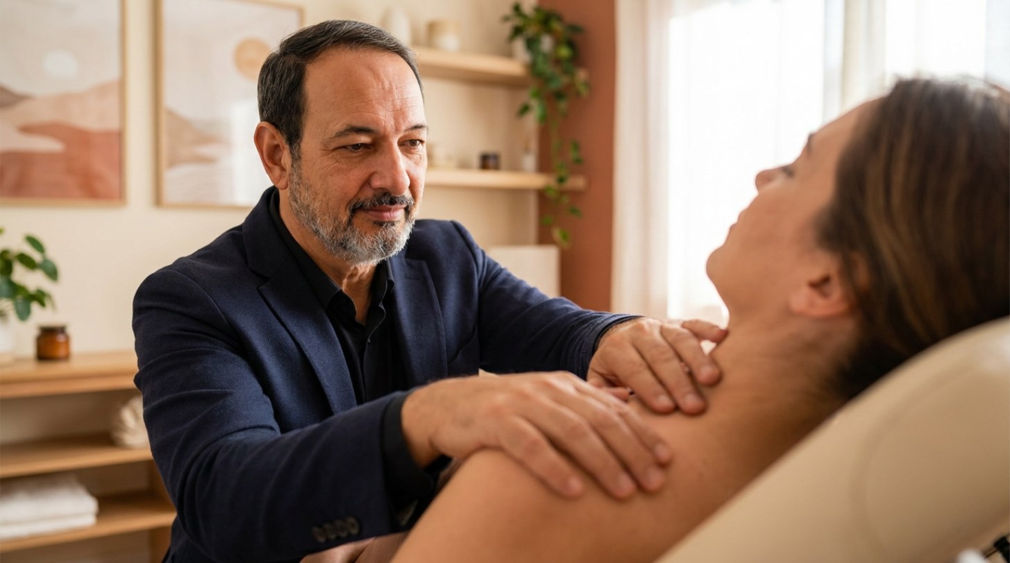 Terapeuta explicando com segurança um ajuste de quiropraxia ao paciente