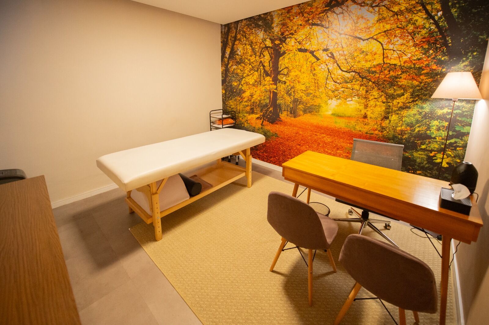 Sala de atendimento com maca e ambiente natural