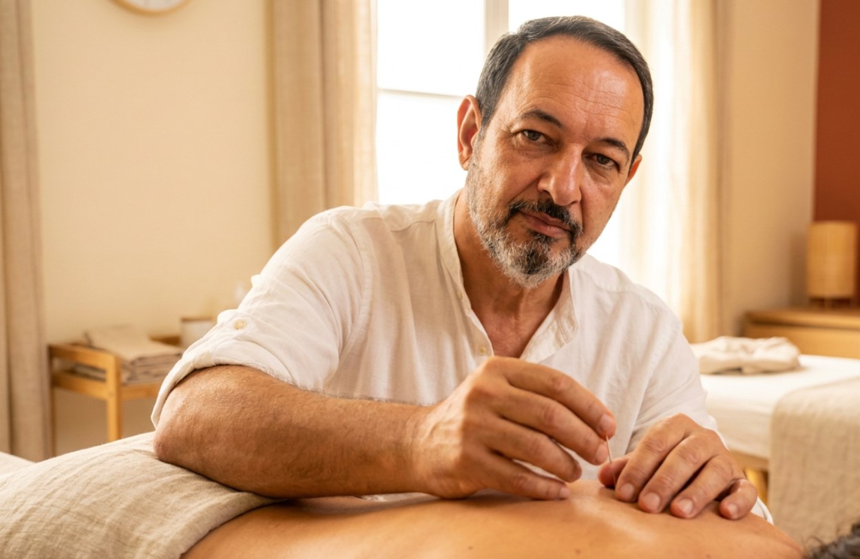 Sessão de acupuntura em andamento